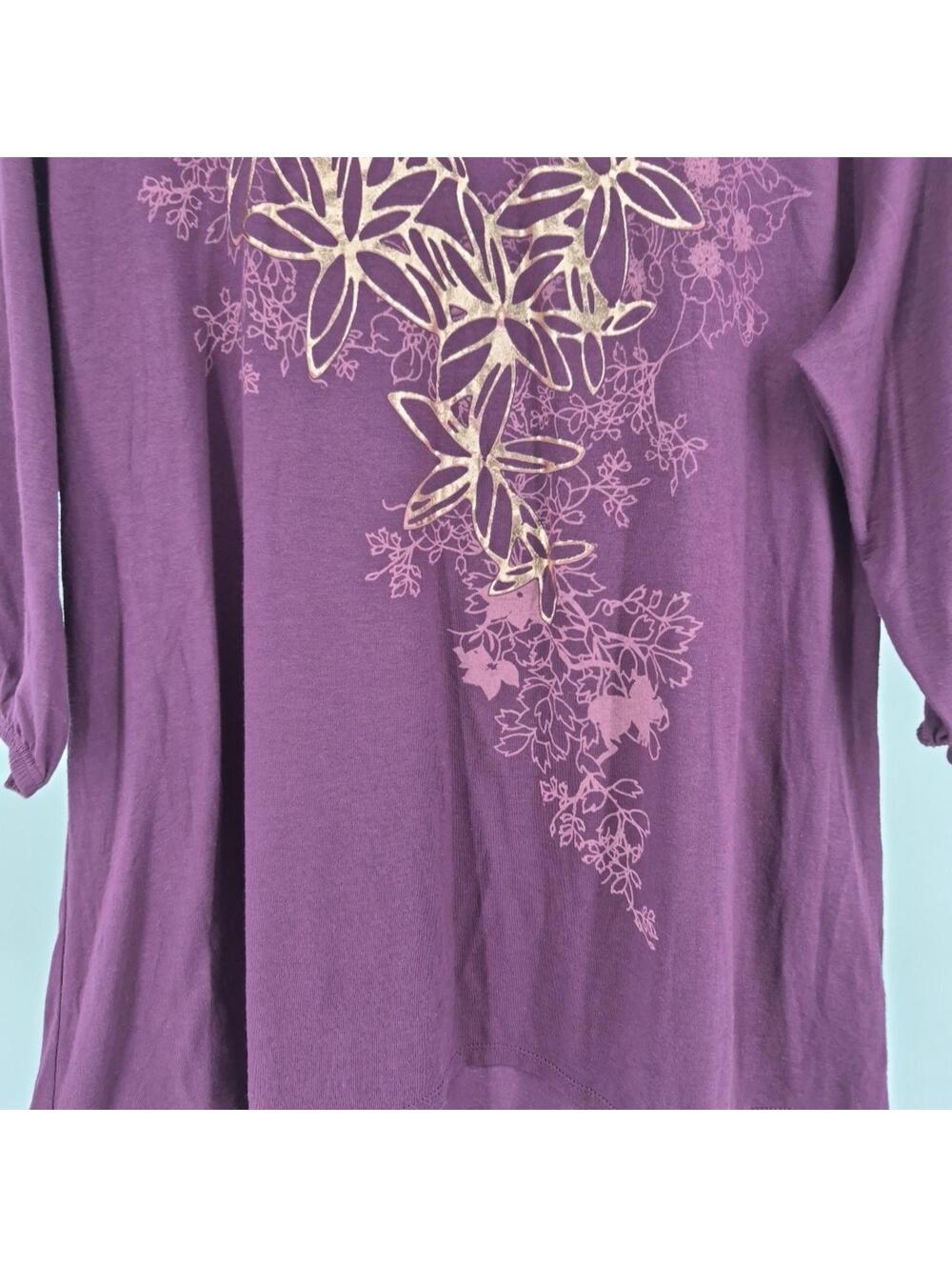JMS Just My Size Women Top 2X Purple Shirt Floral Balloon 3/4 Sleeve Tee - Picture 3 of 14